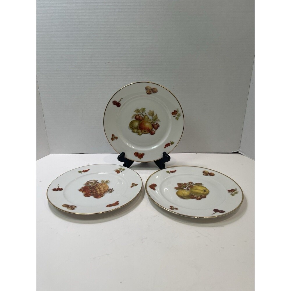 Vintage JKW Bavaria Germany Porcelain Set of 3 Fruit Design Plates Gold Rim